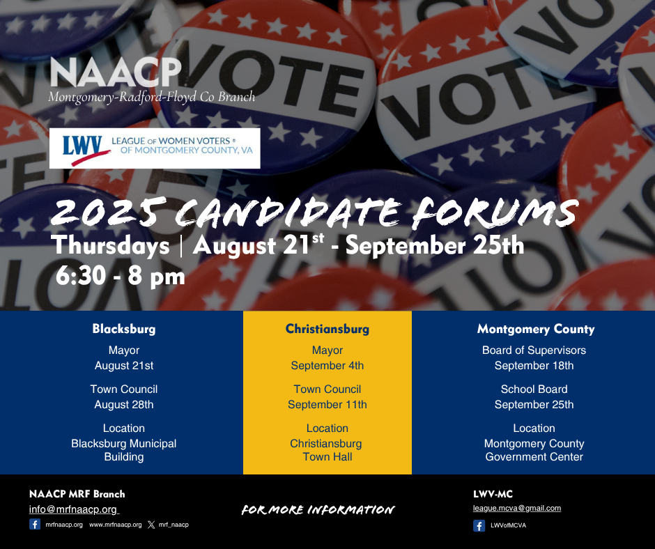 2025 Candidate Forums hosted by LWV-MC and NAACP-MFR 2025 Candidate Forums hosted by LWV-MC and NAACP-MFR