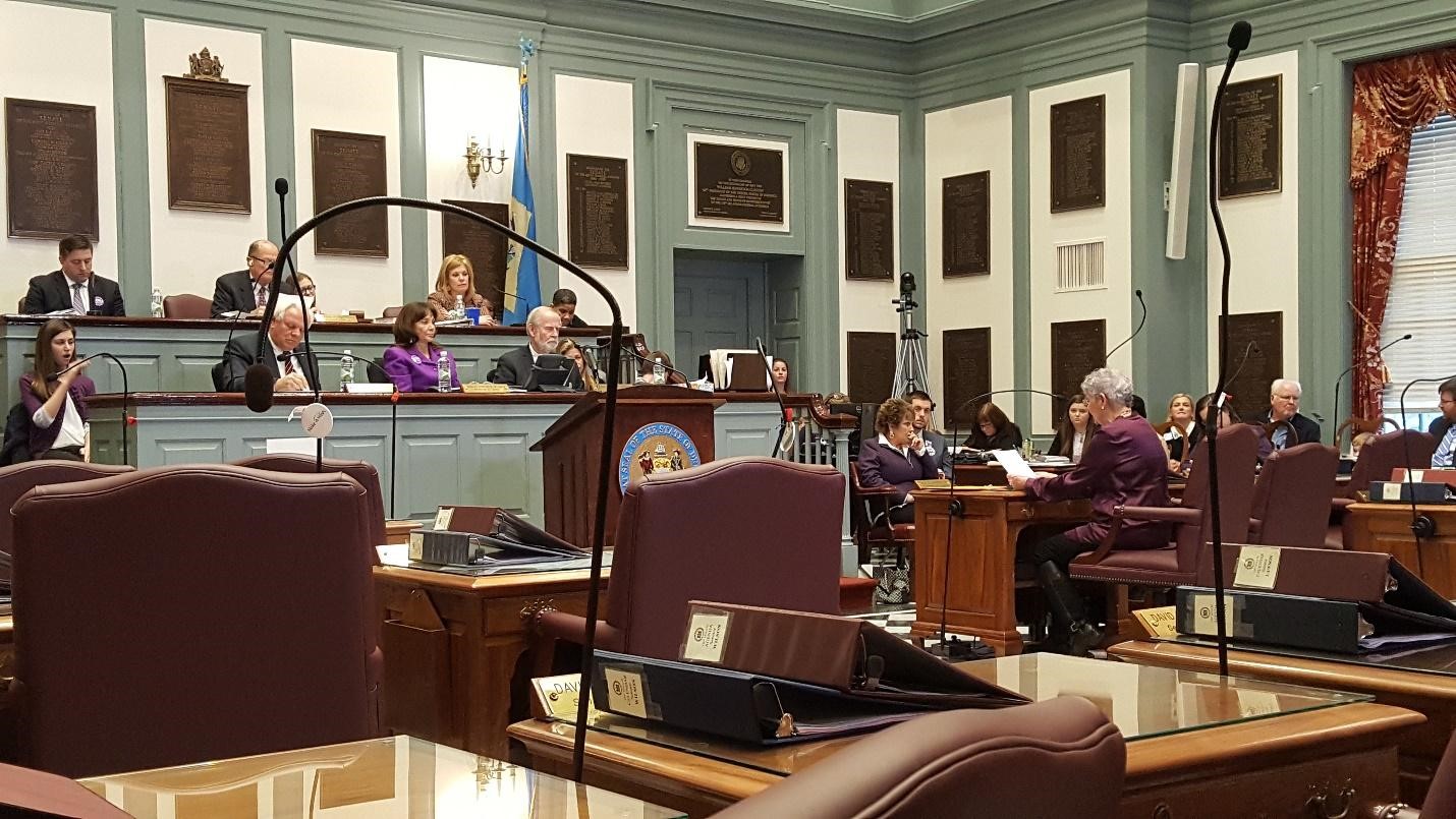 Photo shows the General Assembly Chambers at the Delaware State Capitol in Dover, DE