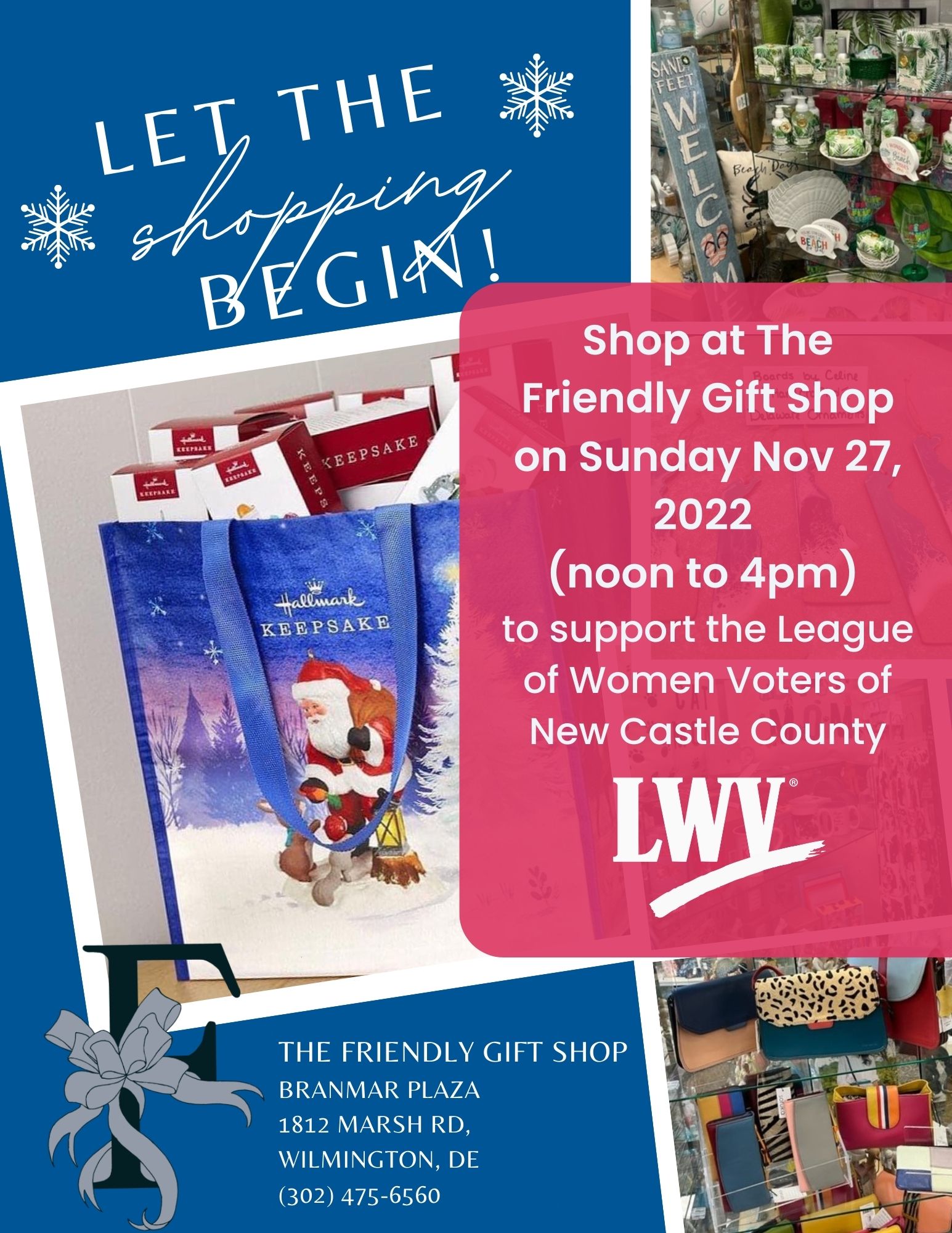 Shop at The Friendly Gift Shop on Sun Nov 27, 2022 (noon to 4pm) to Support the League of Women Voters of New Castle County