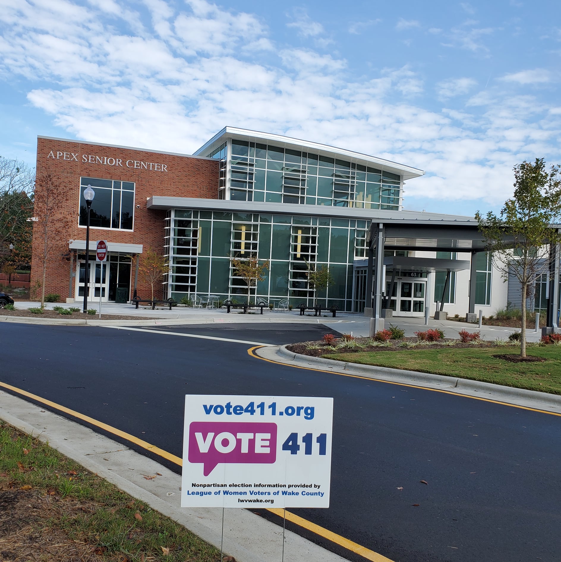 VOTE411 yard sign in front of apex senior center 