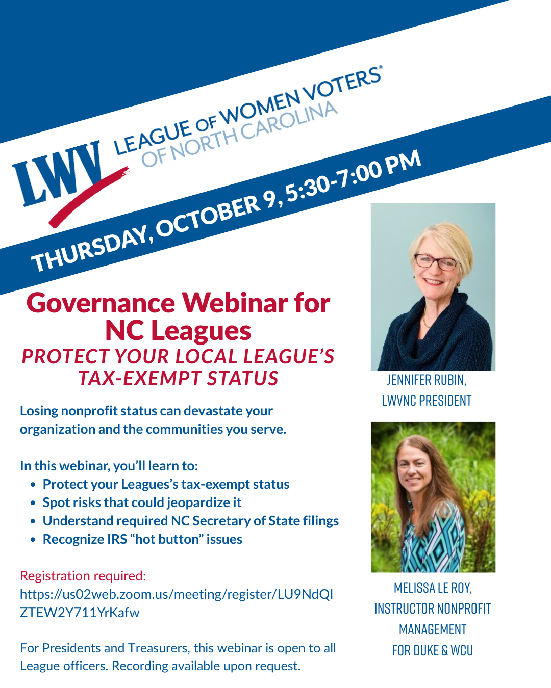 Flyer for Oct 9 Governance Webinar for NC Leagues