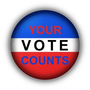 Red, white and blue button with logo of Your Voter Counts
