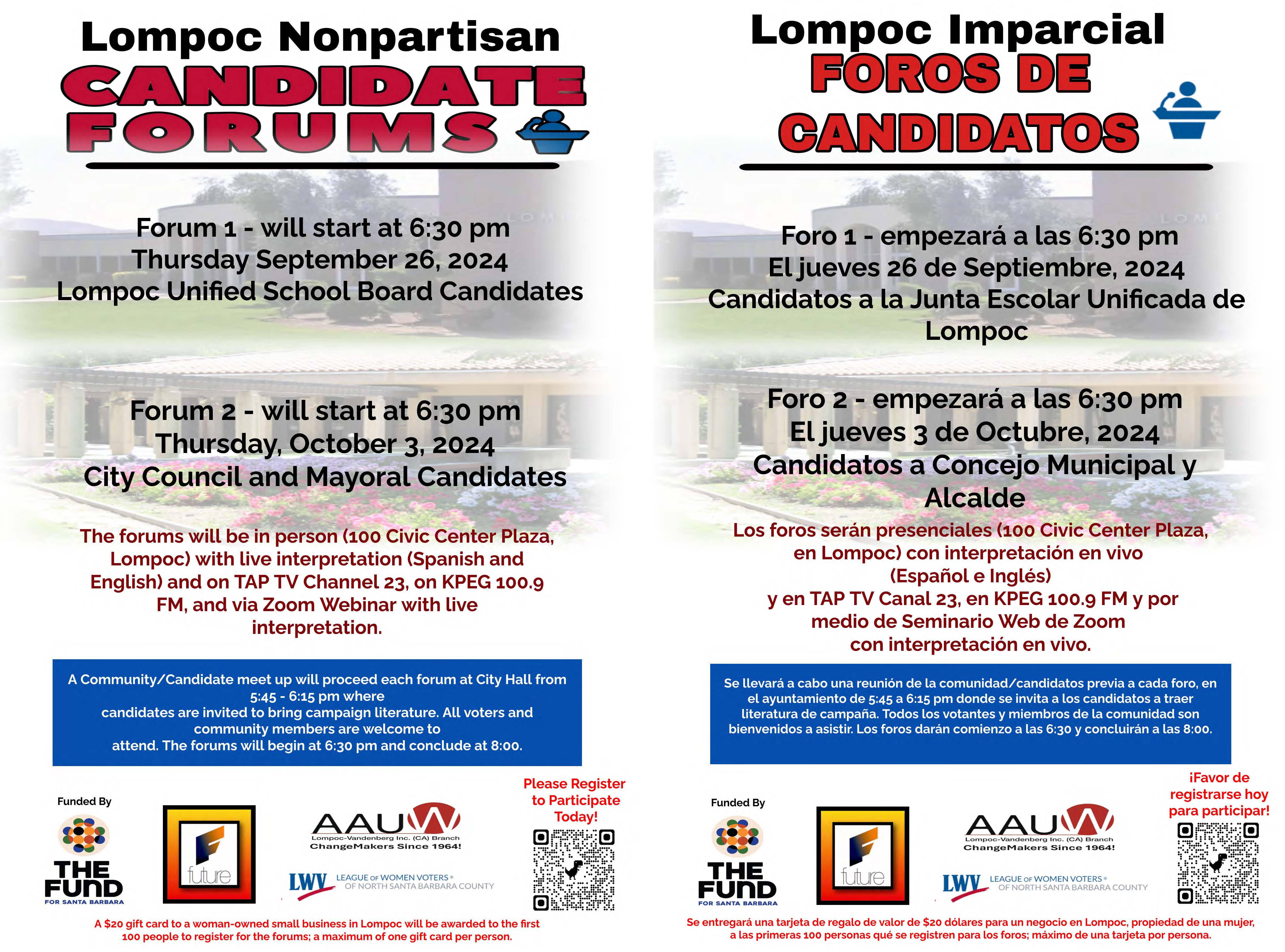 Lompoc Candidate Forums flyer in English & Spanish