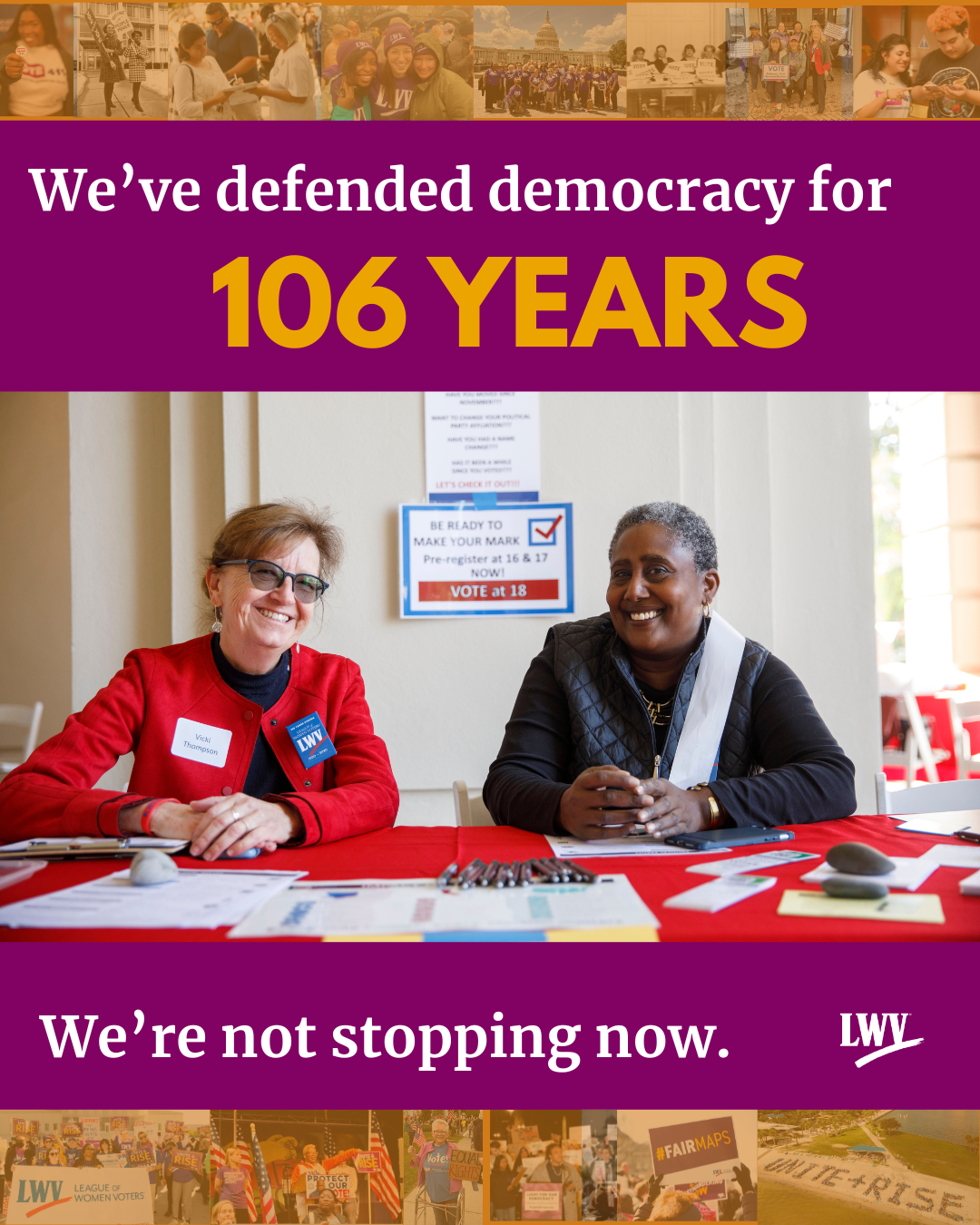 LWV 106th Bday, 2 women smiling sitting at table
