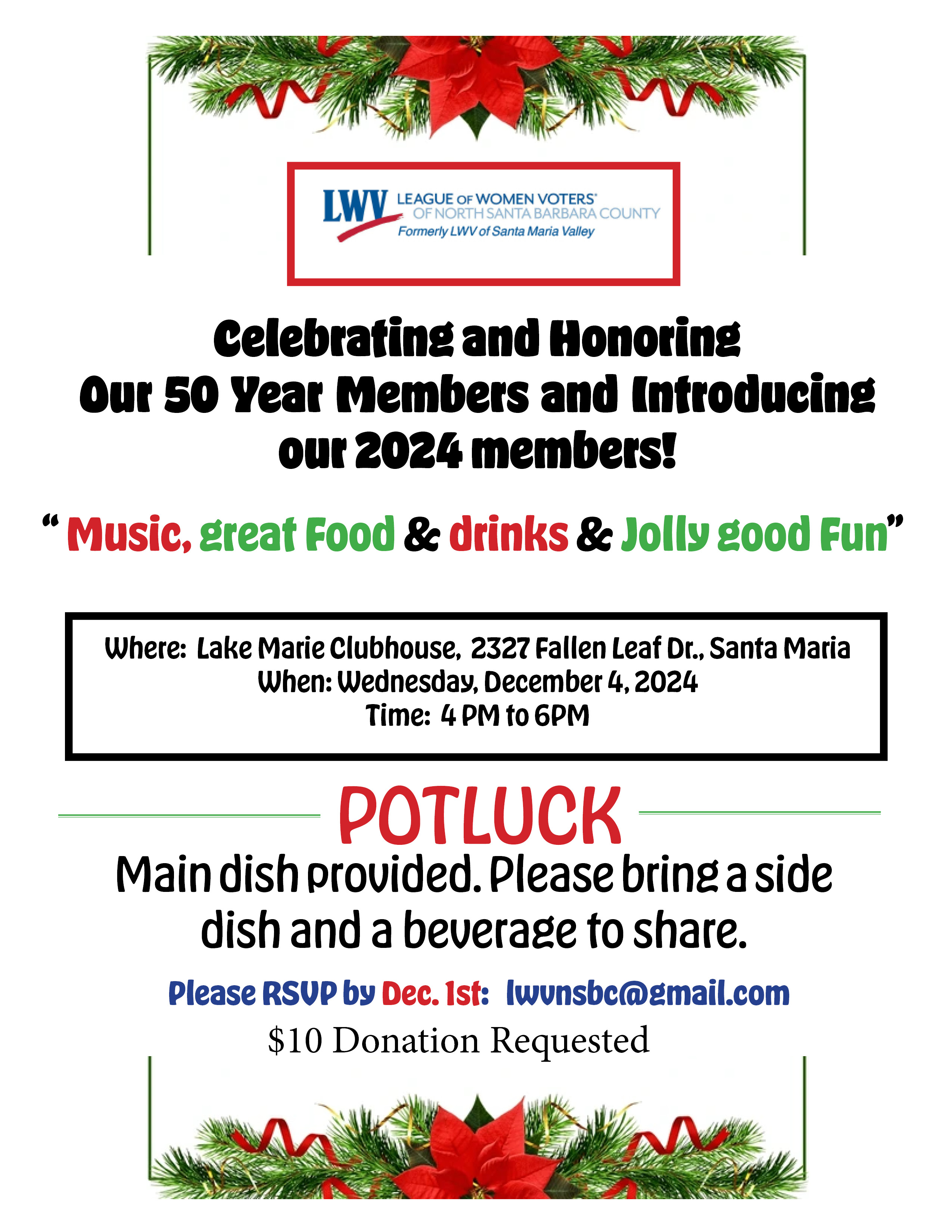 2024 LWVNSBC Holiday Party invitation