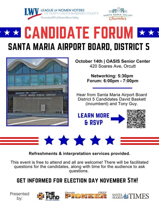 event flyer for Santa Maria Airport Board Candidate Forum, District 5, Oct 14, 2024