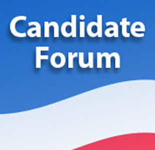 Candidate Forum text in front of flag