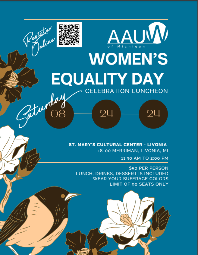 Flyer with flowers and text with details of Womens Equality Day 2024