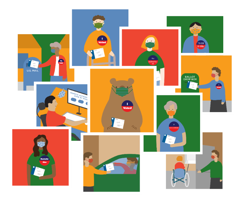 Image curtesy of Future of California Elections FOCE Graphic of Voters with I Voted Stickers