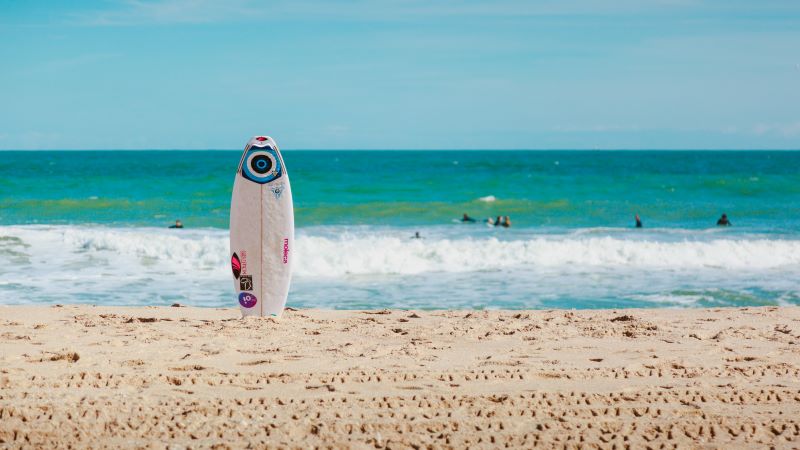 single surfboard standing upright on beach