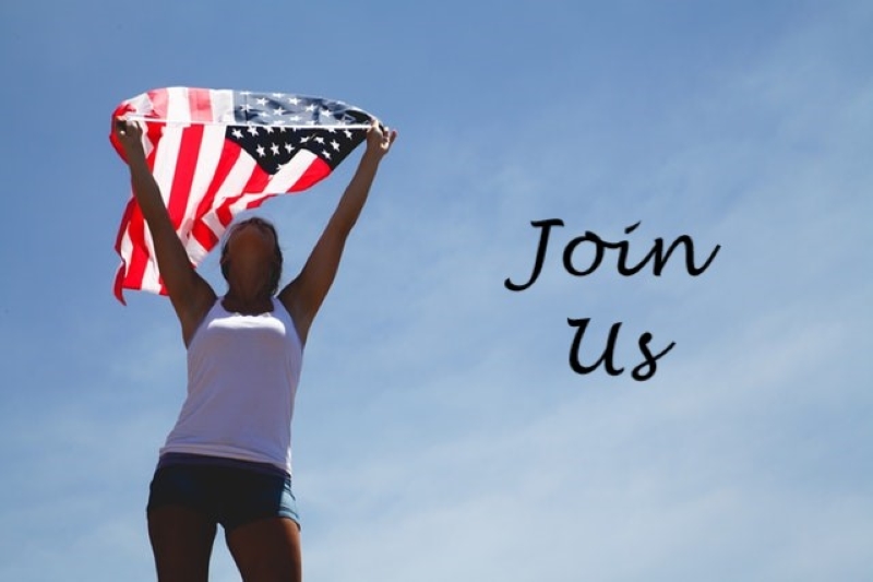 Woman hold American Flag Over Her Head Text Reads Join Us
