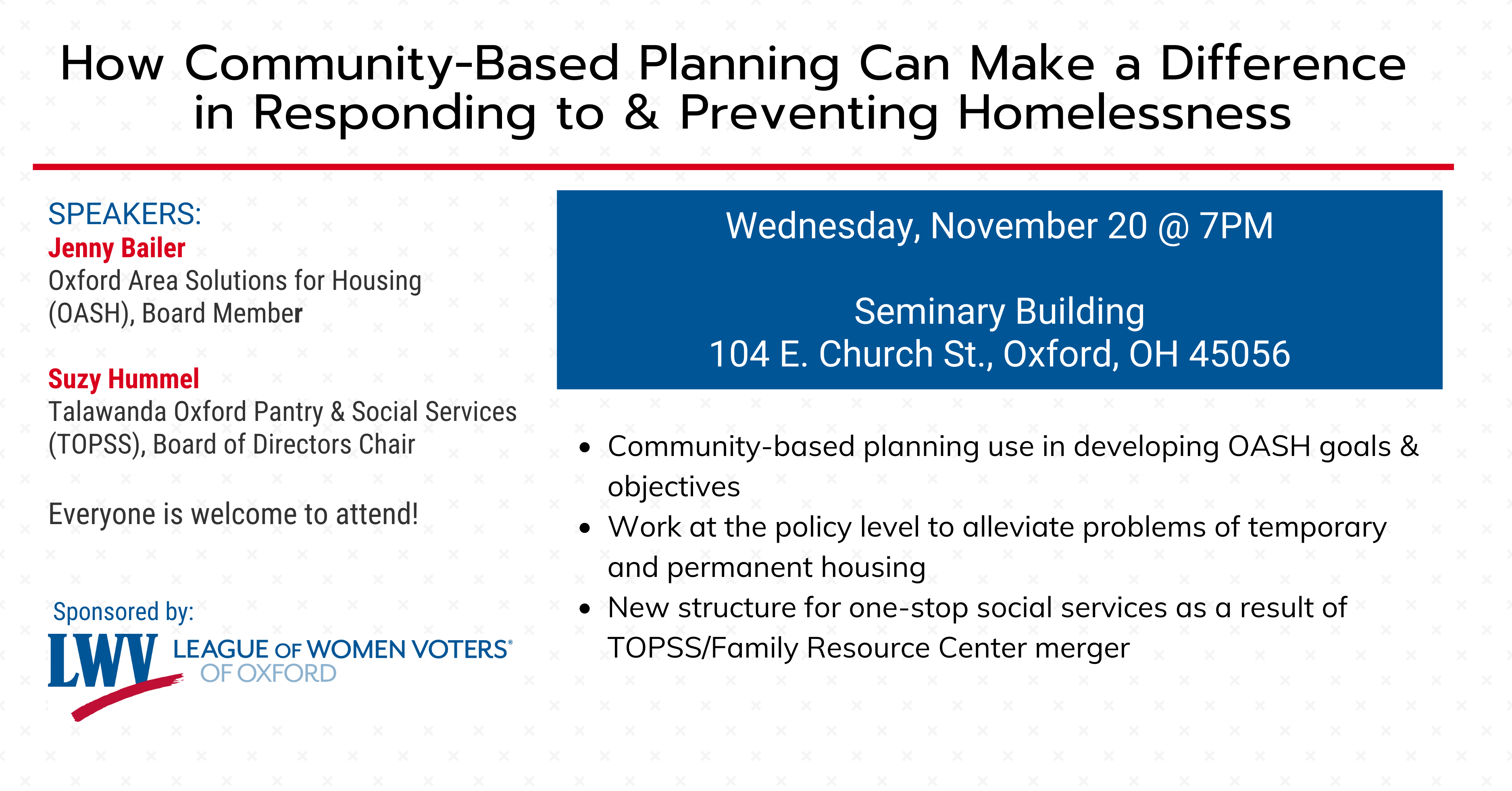 Flyer for How community-based planning can make a difference in responding to and preventing homelessness event. The event is at 7pm Nov 20th, at 104 E Church St