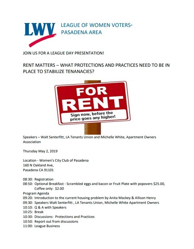 LWV Pasadena Area Rent Control Flyer 2019