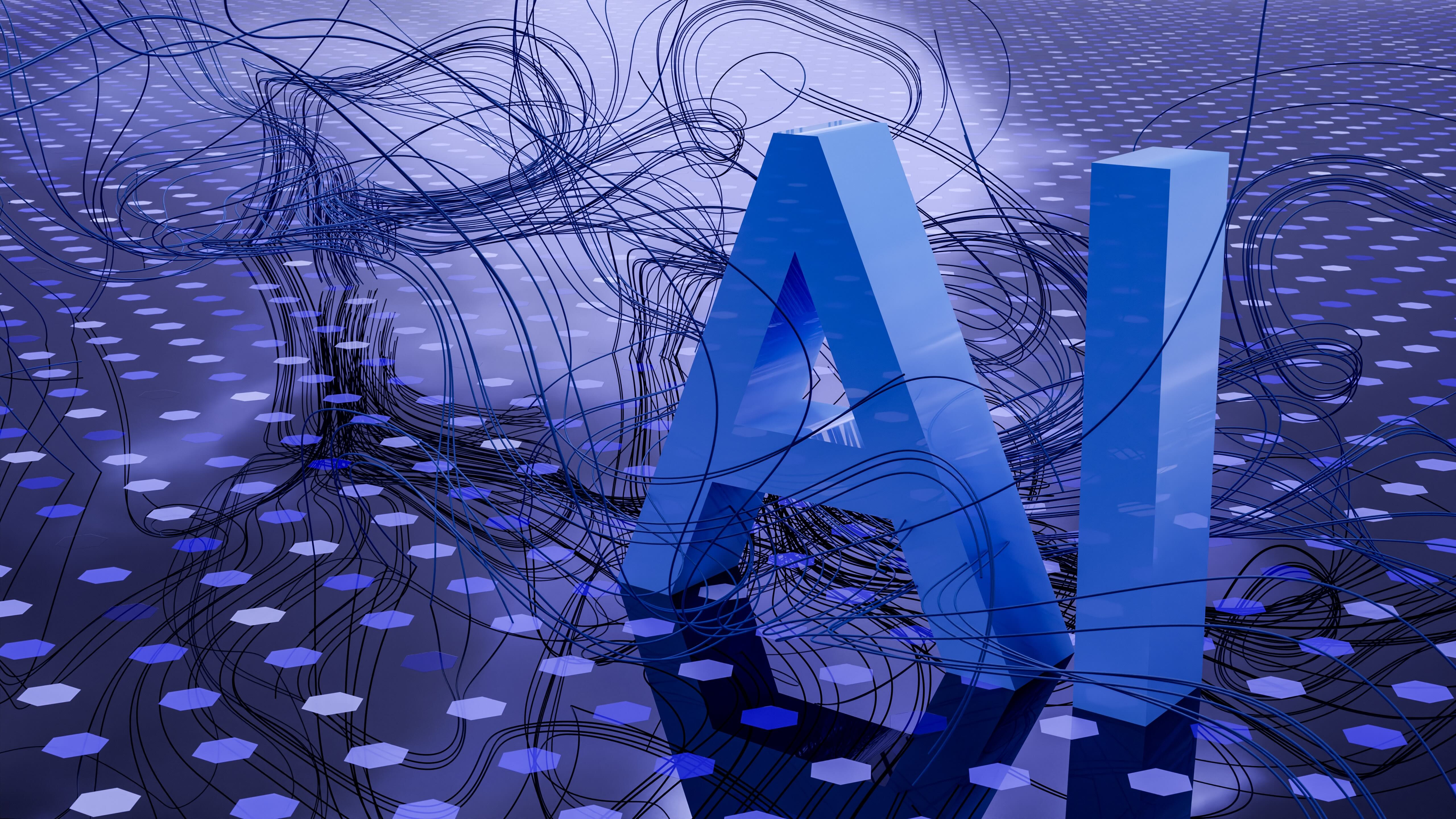  3D block letters "AI" in abstract setting