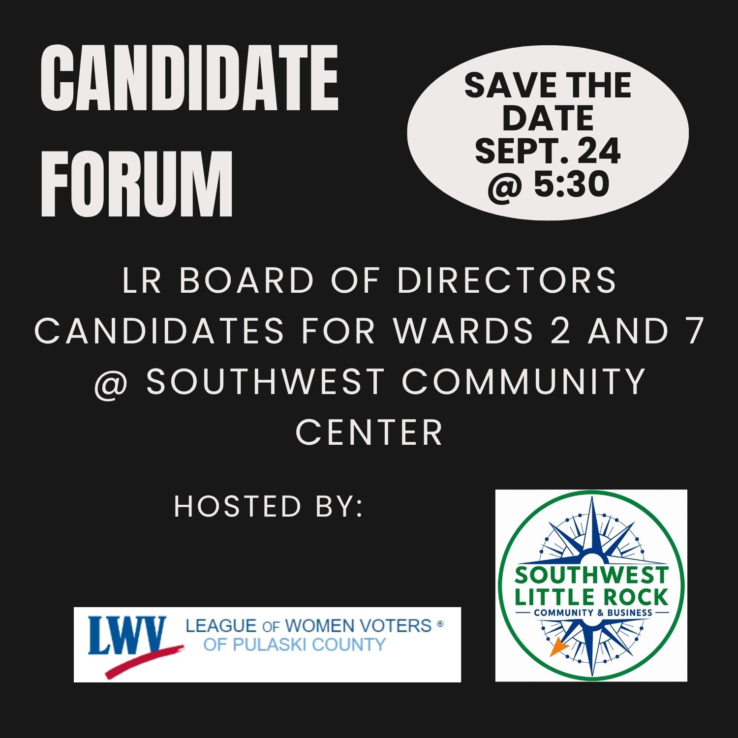 Candidate Forum Details Sept 24 at 5:30 PM at Southwest Community Center