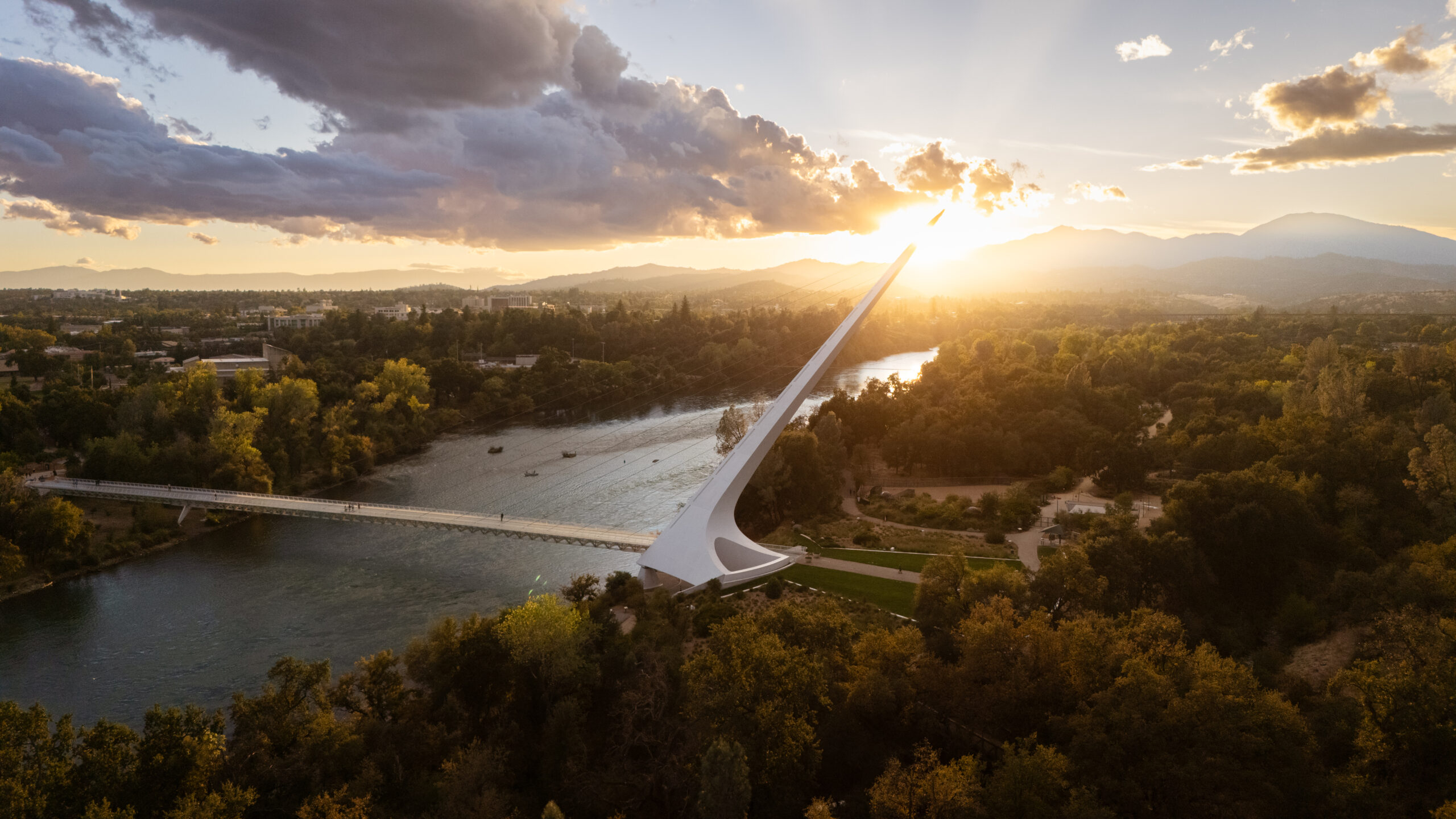 Sundial Bridge over the Sacramento River in Redding at sunset.