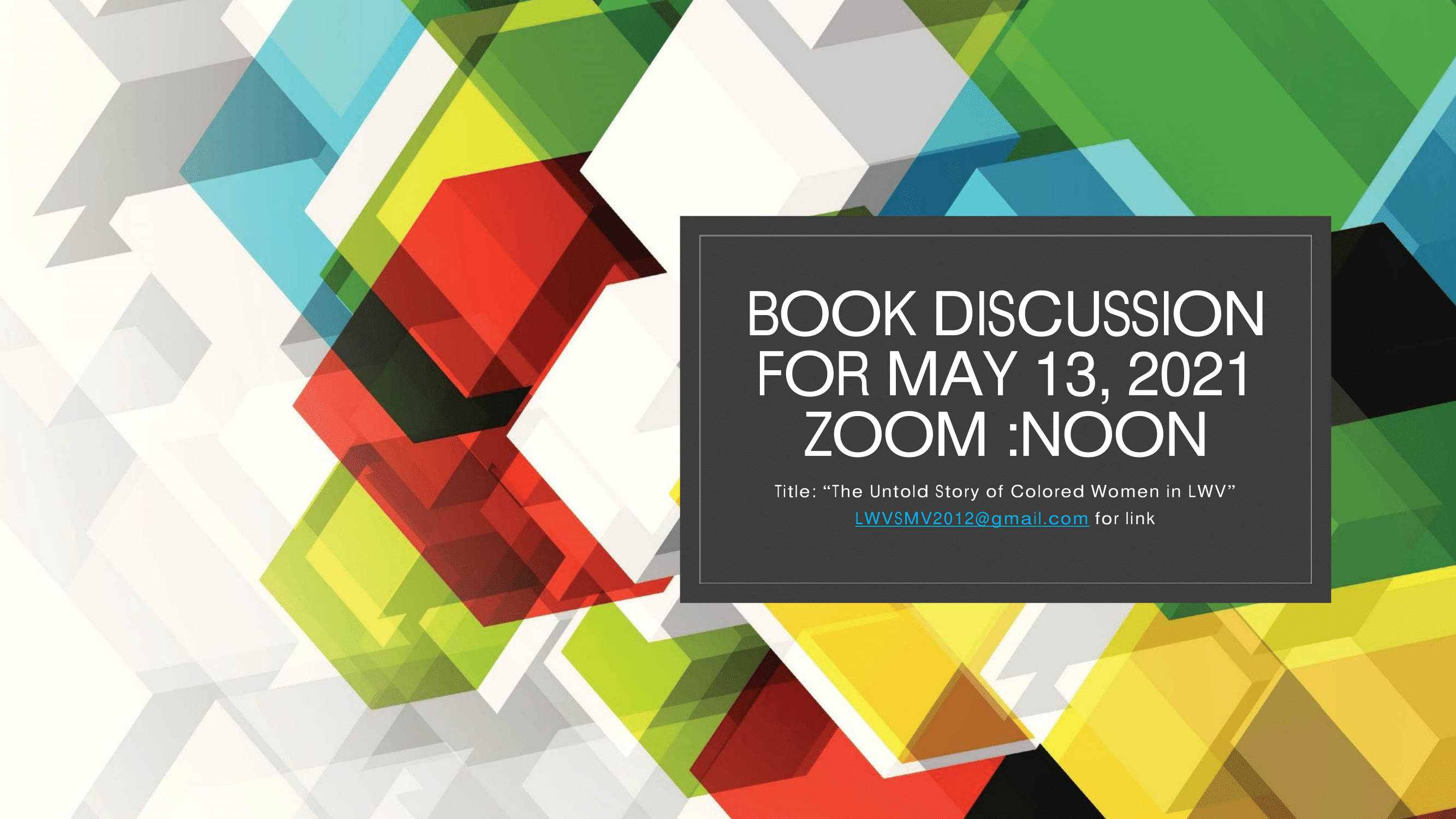 Book Discussion for May 13, 2021, Zoom meeting at noon