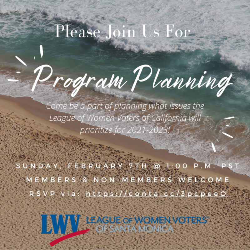 white text and a logo for League of Women Voters of Santa Monica on a background of a beach shoreline