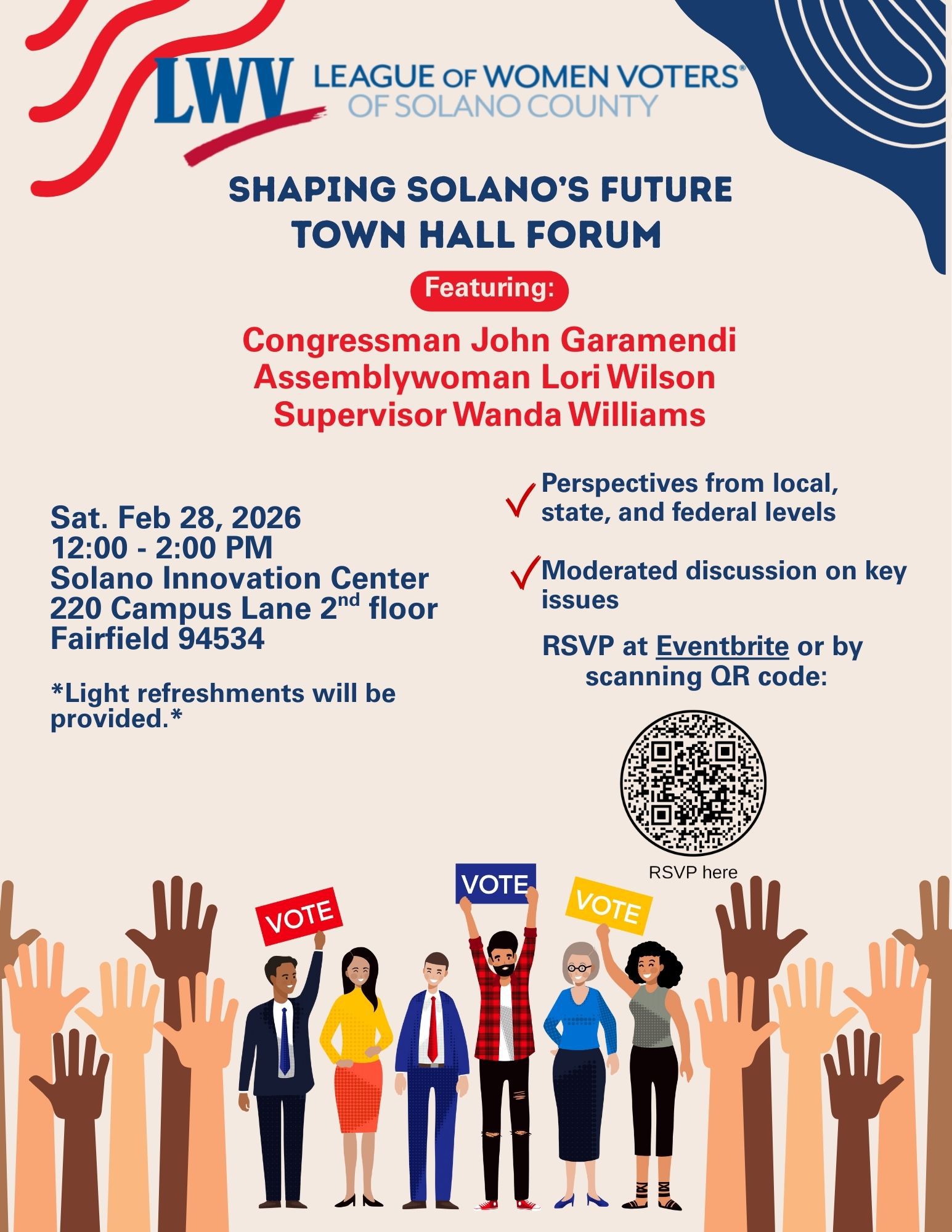 LWV Town Hall Forum Saturday, Feb. 28, 12-2; Solano Innovation Center