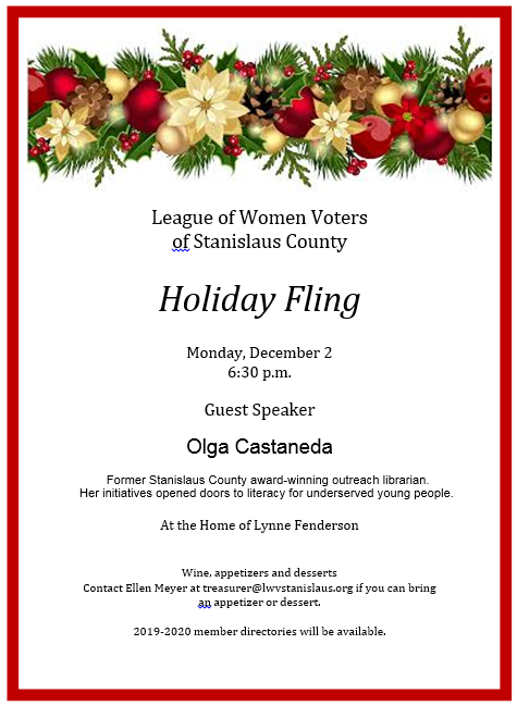 Image of Holiday Fling flier, indicating date and guest speaker Olga Cardenas