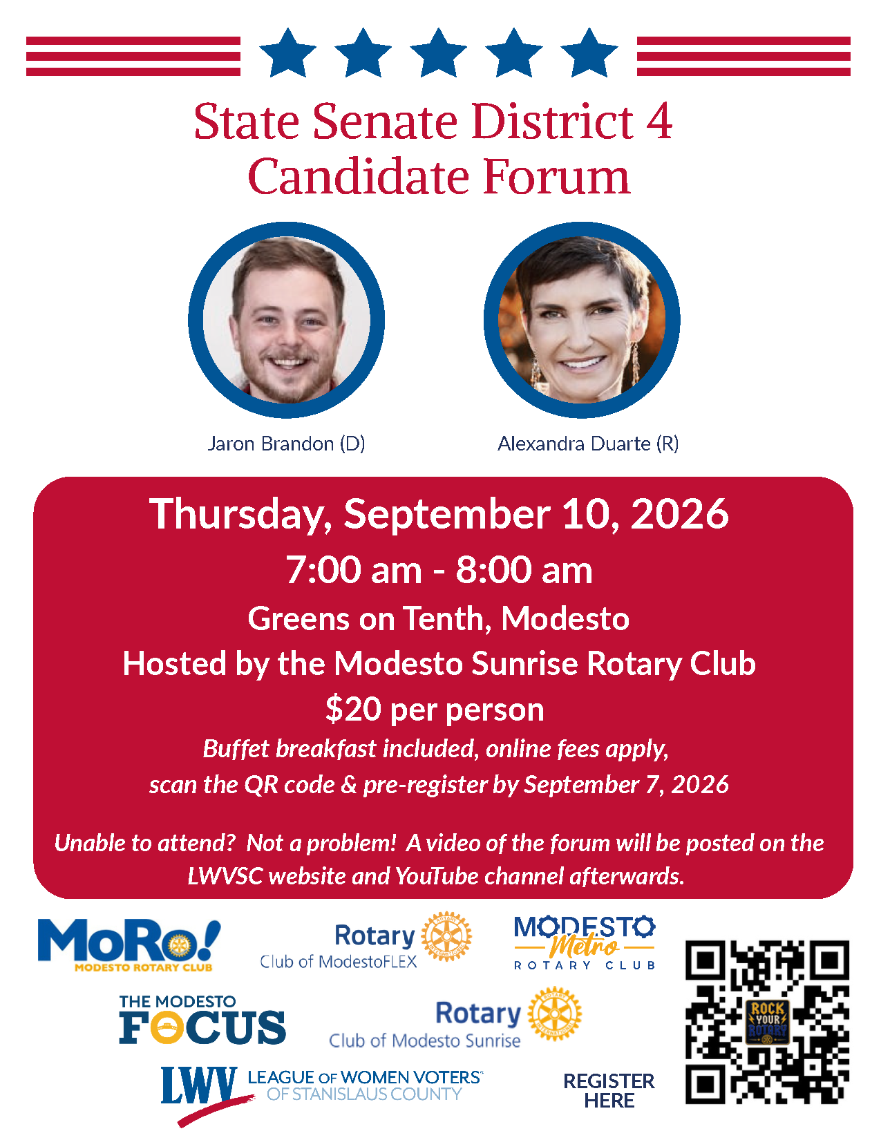 flyer for Candidate Forum State Sentate District 4 with images of Jaron Brandon (D) and Alexandra Duarte (R)