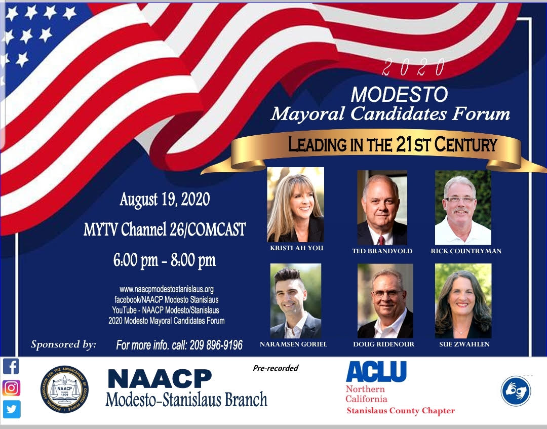 Image: flyer for Modesto Mayoral Forum on August 19, 2020 at 6 pm 