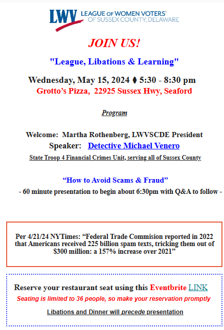 Flyer for the LWVSC May League Libations and Learning event