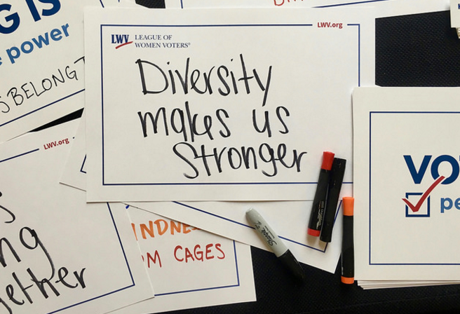 League signs - "Diversity Makes Us Stronger"
