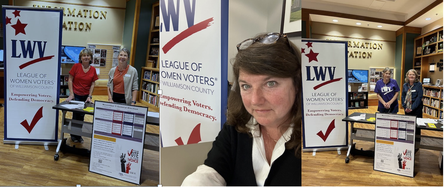 Three photos of League members reigstering voters