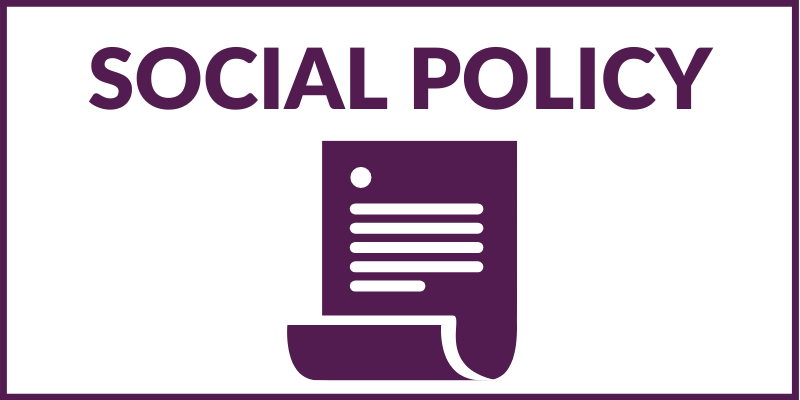 Rectangular graphic that says "Social Policy" with a document below and a purple border around the graphic.