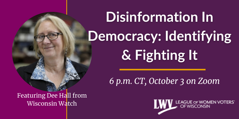 Event graphic for "Disinformation In Democracy: Identifying & Fighting It" with headshot of speaker Dee Hall