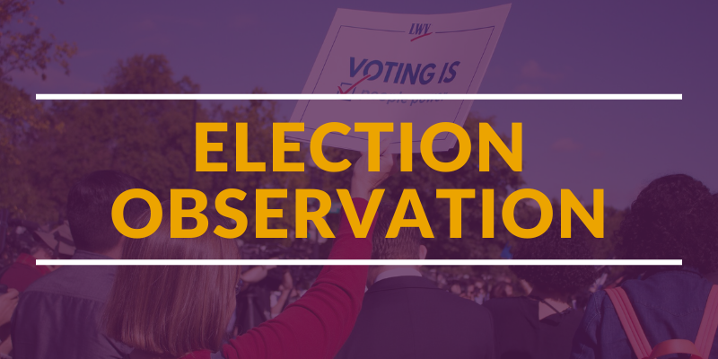 Graphic of a photo that has a sign that reads "VOTING IS PEOPLE POWER," with purple tint overlaying and the following text in yellow: "Election Observation."