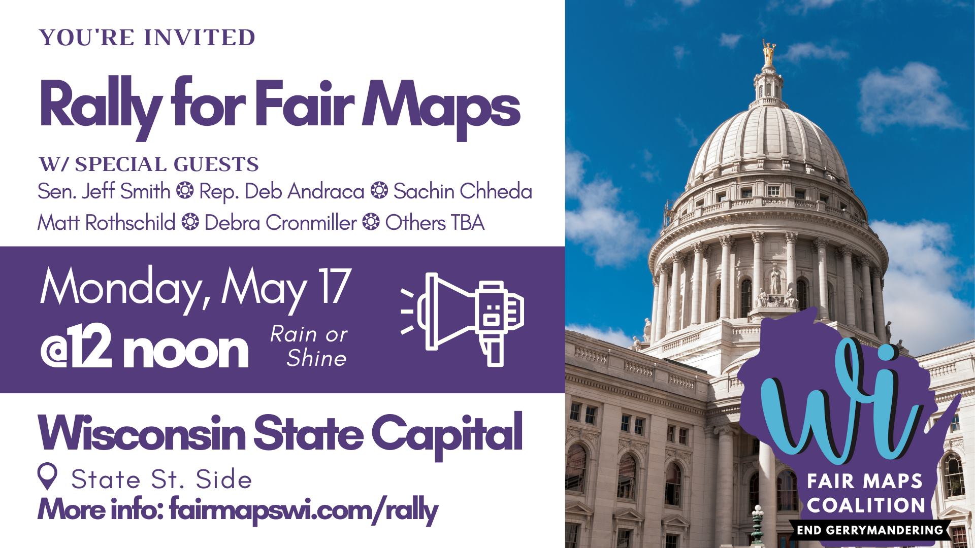 Event graphic for a Fair Maps rally at the Wisconsin State Capitol on May 17 at Noon.