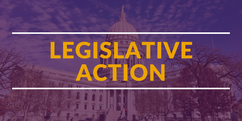 Graphic of a photo of the Wisconsin State Capitol with purple tint overlaying and the following text in yellow: "LEGISLATIVE ACTION"