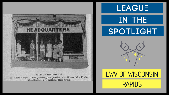 Graphic showing an old photo of Wisconsin Rapids league members with "League in the Spotlight" on the right.