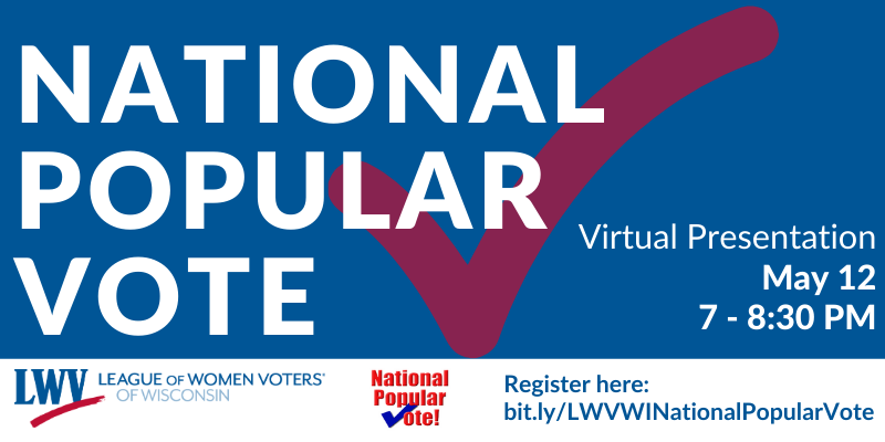 Event graphic for a National Popular Vote presentation on May 12, from 7 to 8:30pm