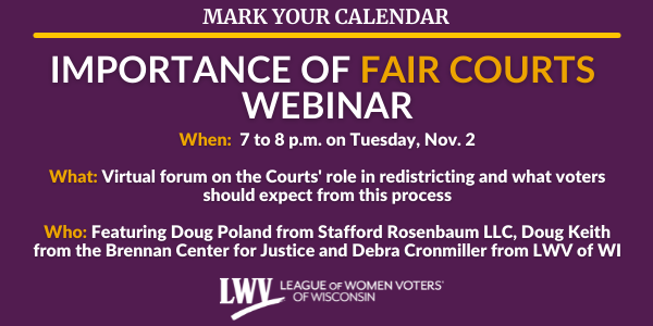 Event posting with information on the "Importance of Fair Courts" webinar including that it is Tuesday, Nov. 2 from 7 to 8 p.m.