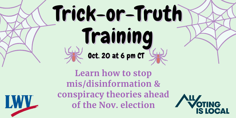 Event graphic with cartoon spiderwebs, event info and LWV and AVL logos