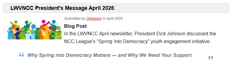 LWV President's message April 2026, blog post, Why Spring into Democracy Matters and Why We Need Your Support
