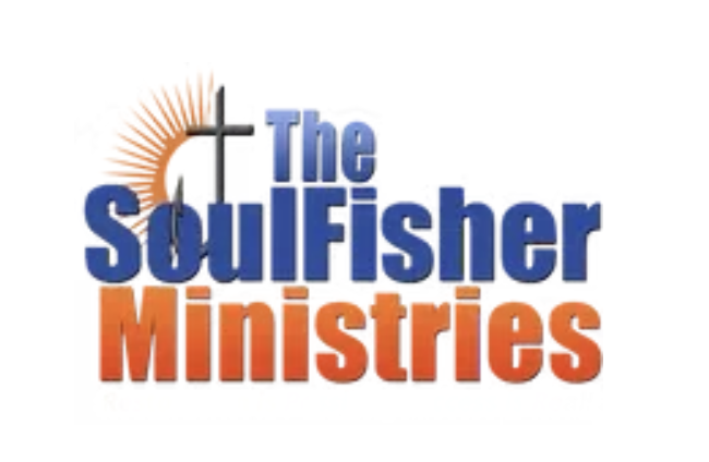 Red and blue letters with Christian cross "Soulfisher Ministries"