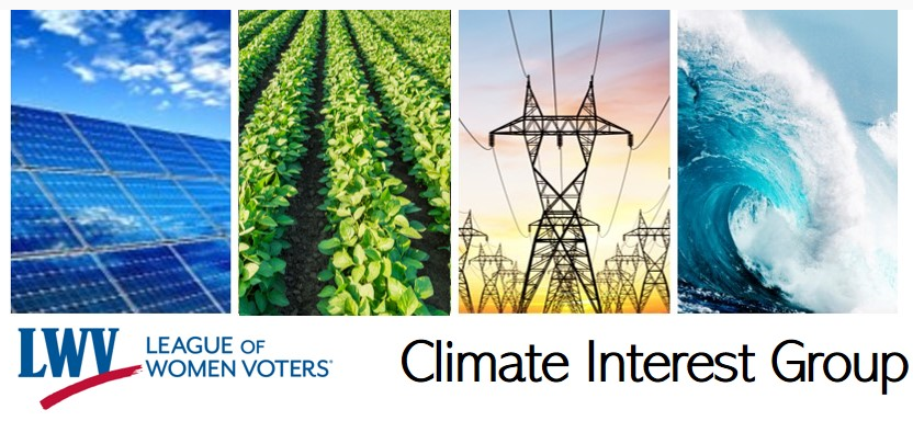 LWV logo Climate Interest Group with pictures of solar panels, plants, electrical towers and a wave
