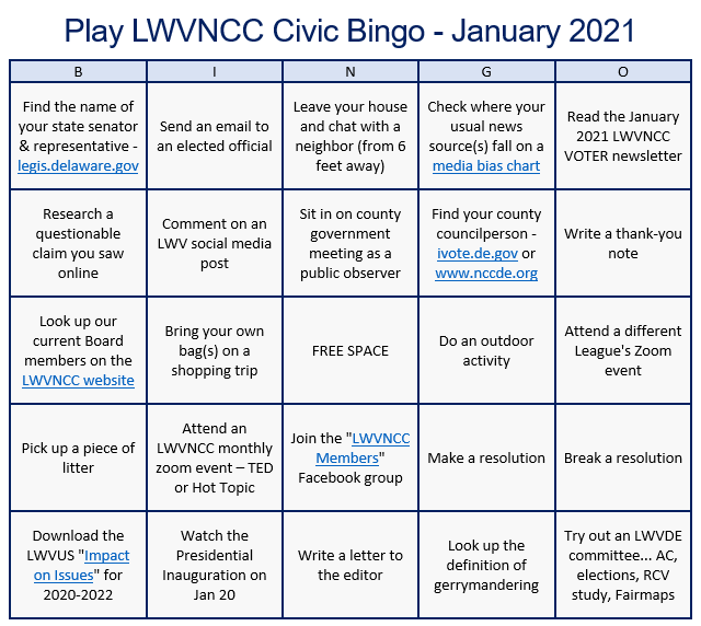 Play LWVNC Civic Bingo! "Civic Bingo" board grid by LWVNCC for January 2021