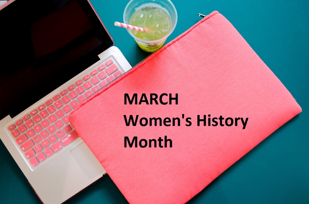 Photo by Majo Villalón on Unsplash pink laptop computer with "March - Women's History Month"