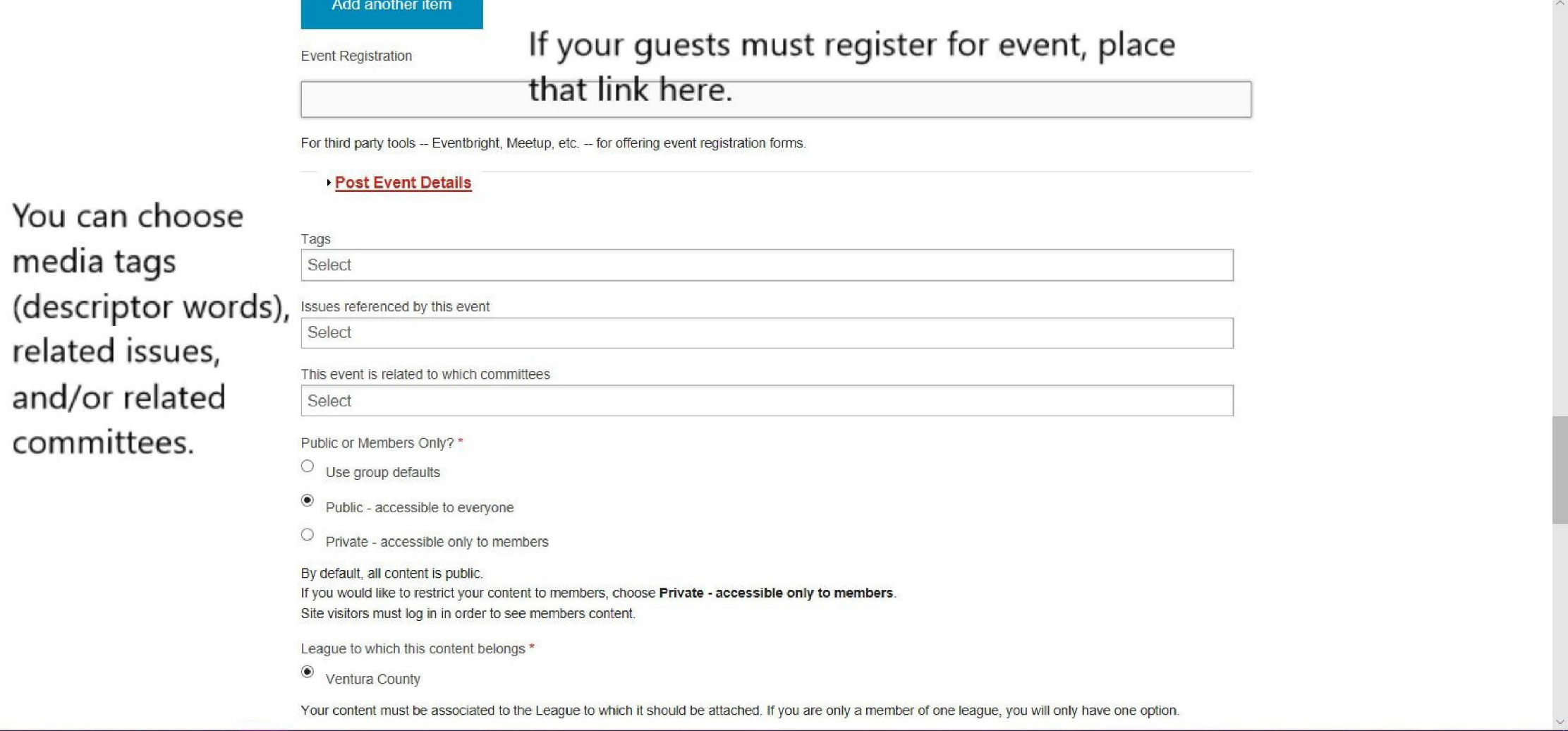 Add Event - add registration link, media tags, related issues and/or committees