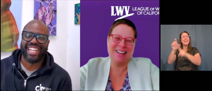 Dora Rose discusses voting rights with Disability Rights California’s Eric Harris