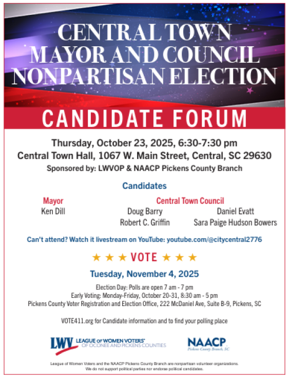 Flyer for the Central May and Council Candidate Forum