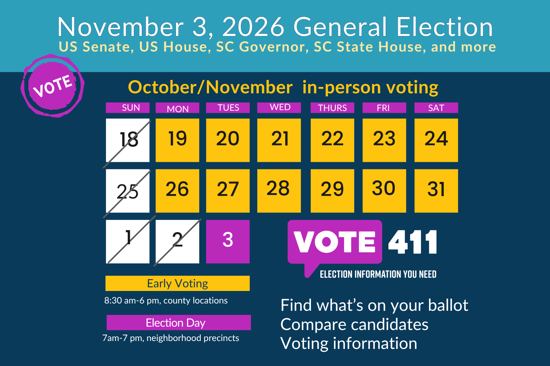 A calendar showing dates for early voting and election day