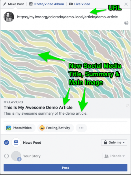 Example of a Facebook share with new social media only Title, Summary, and Main Image