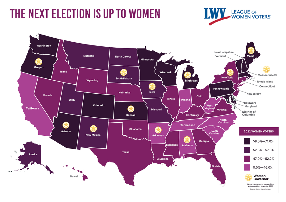 Map showing the percentage of women who voted as a share of their states&#039; populations in 2022