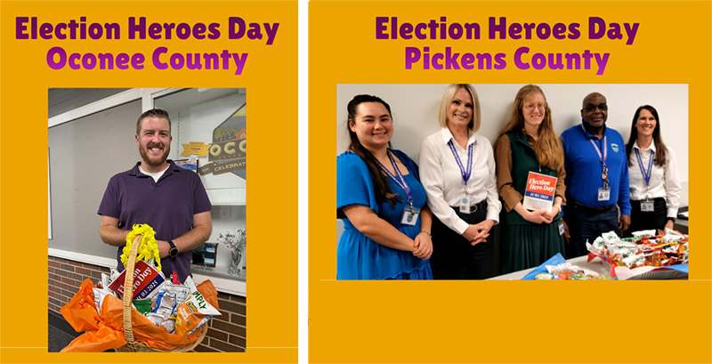 Pictures of staff in local election offices holding baskets of snacks from the local League.